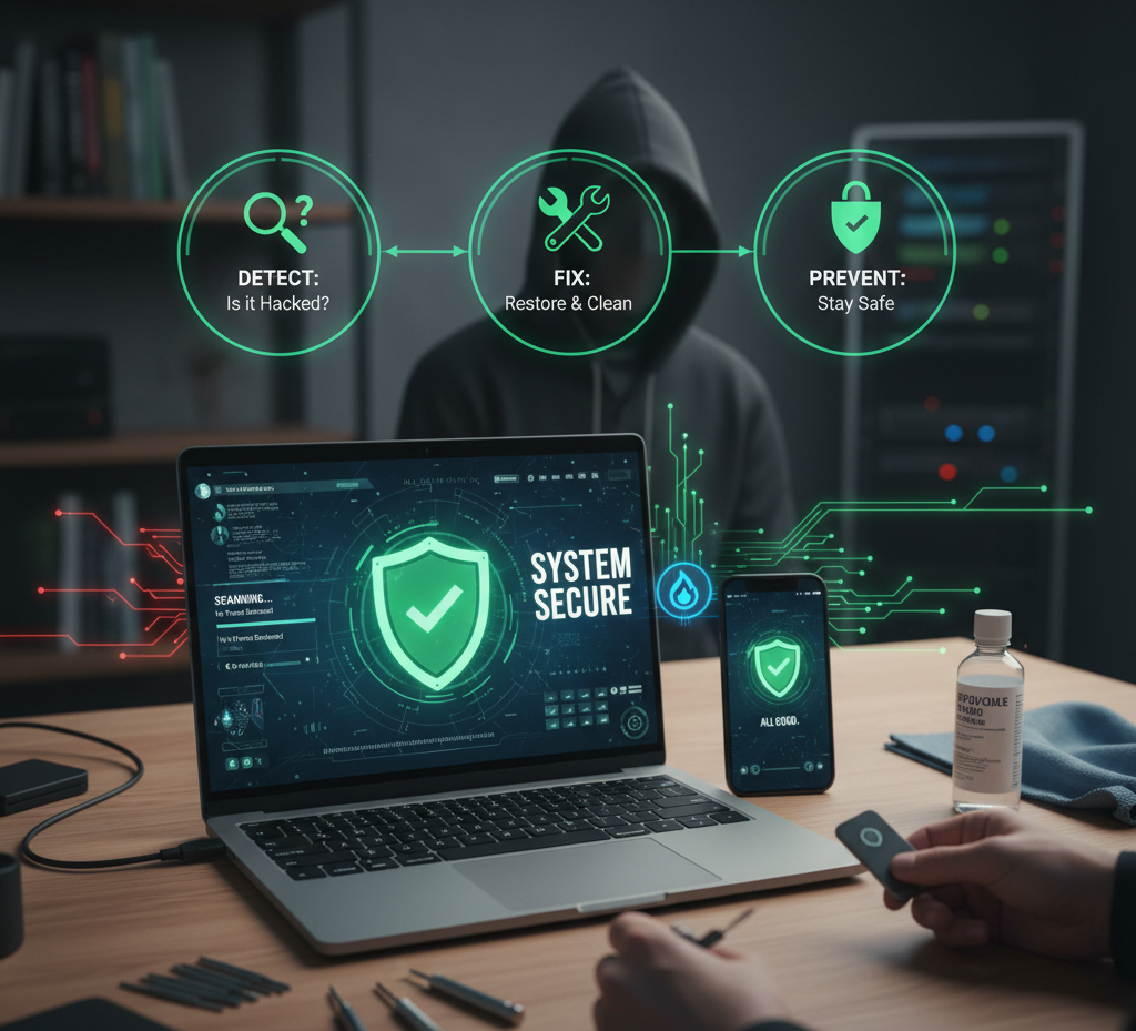 How can I understand if my phone/laptop is hacked or not, fix it, and how can we prevent it.