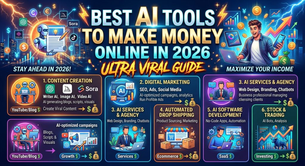 Best AI Tools to Make Money Online in 2026 (Proven $10K+/Month Methods)